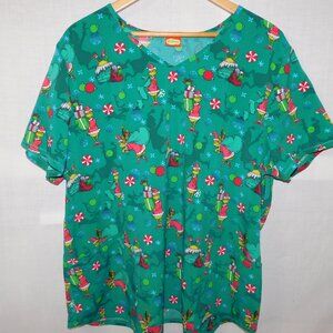 Dr. Seuss How the Grinch Stole Christmas Print Green Women 2XL Scrub Top